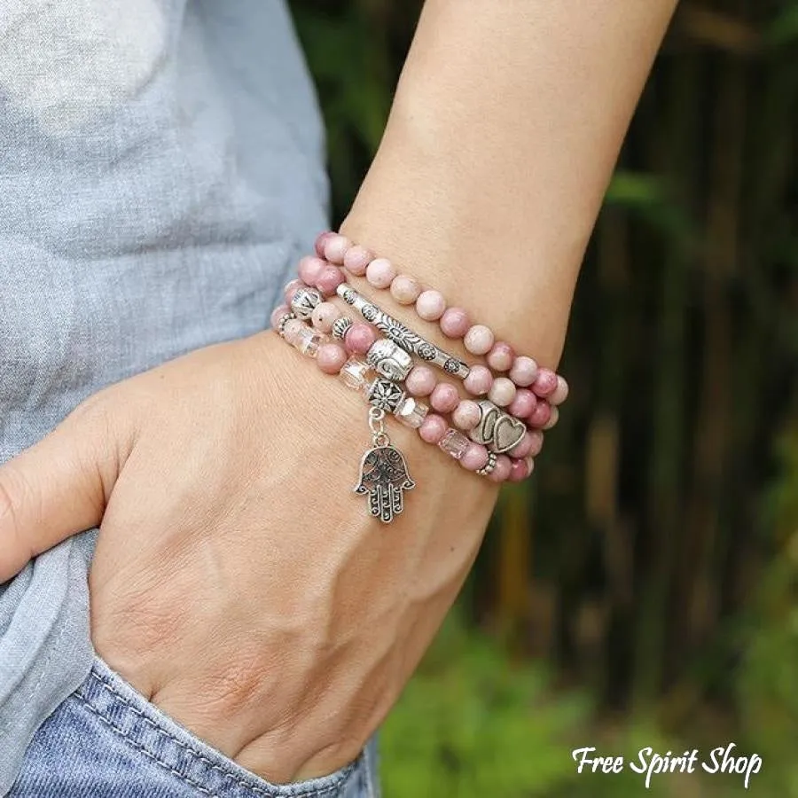 108 Natural Rhodonite & Spiritual Charms Mala Beads