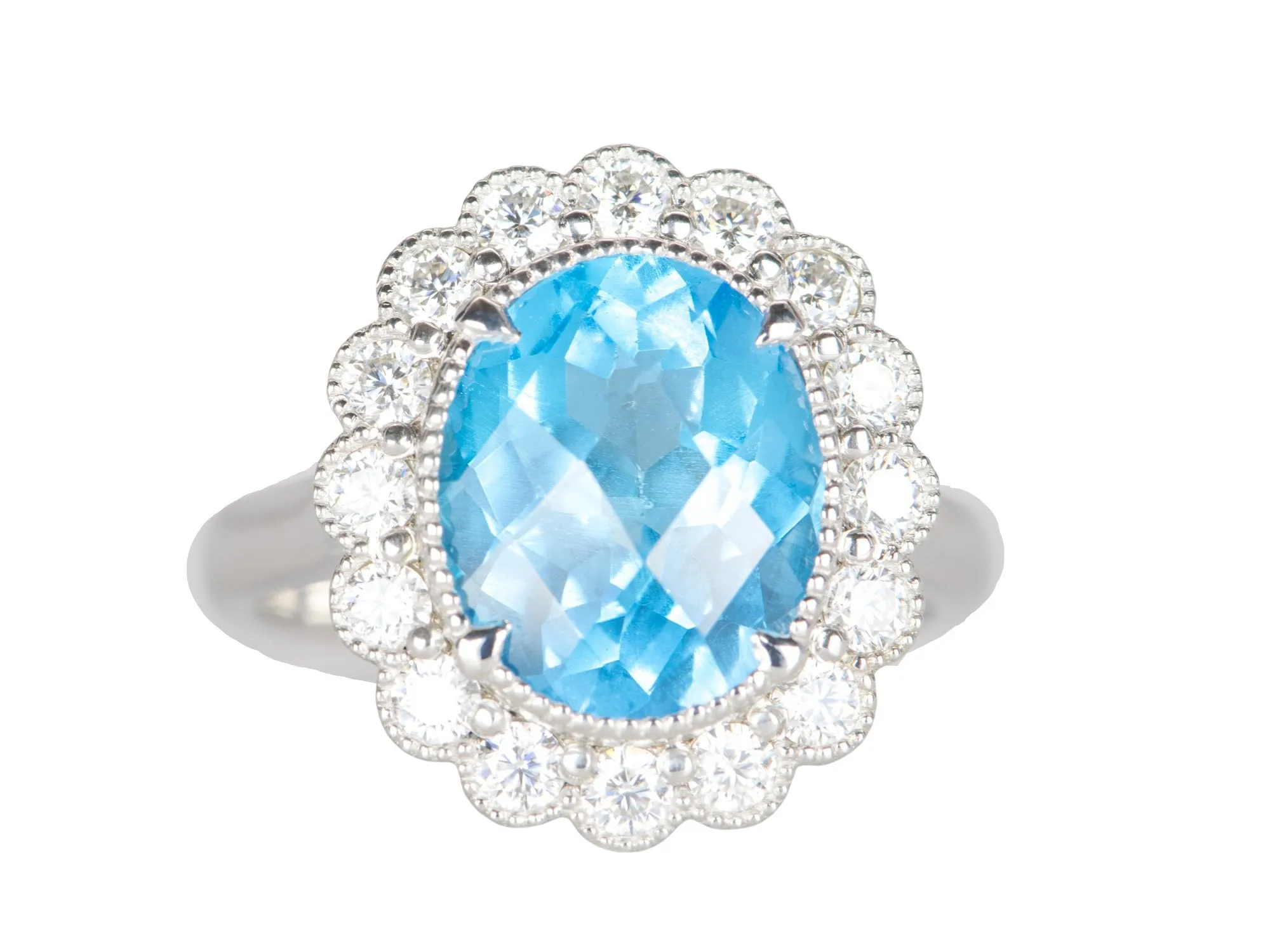 5.27ct Swiss Blue Topaz with Moissanite Halo 9K White Gold Statement Ring R6305