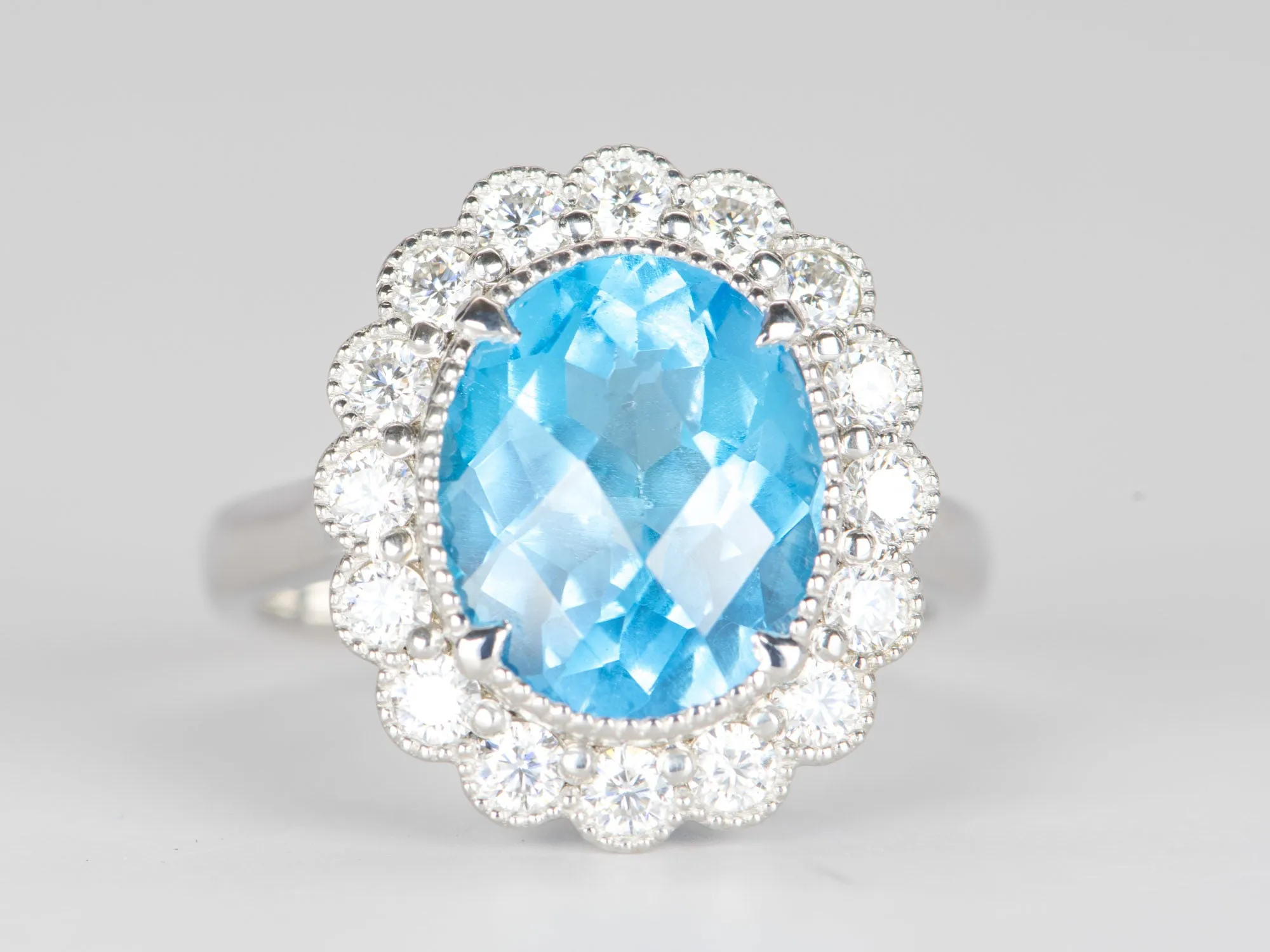 5.27ct Swiss Blue Topaz with Moissanite Halo 9K White Gold Statement Ring R6305