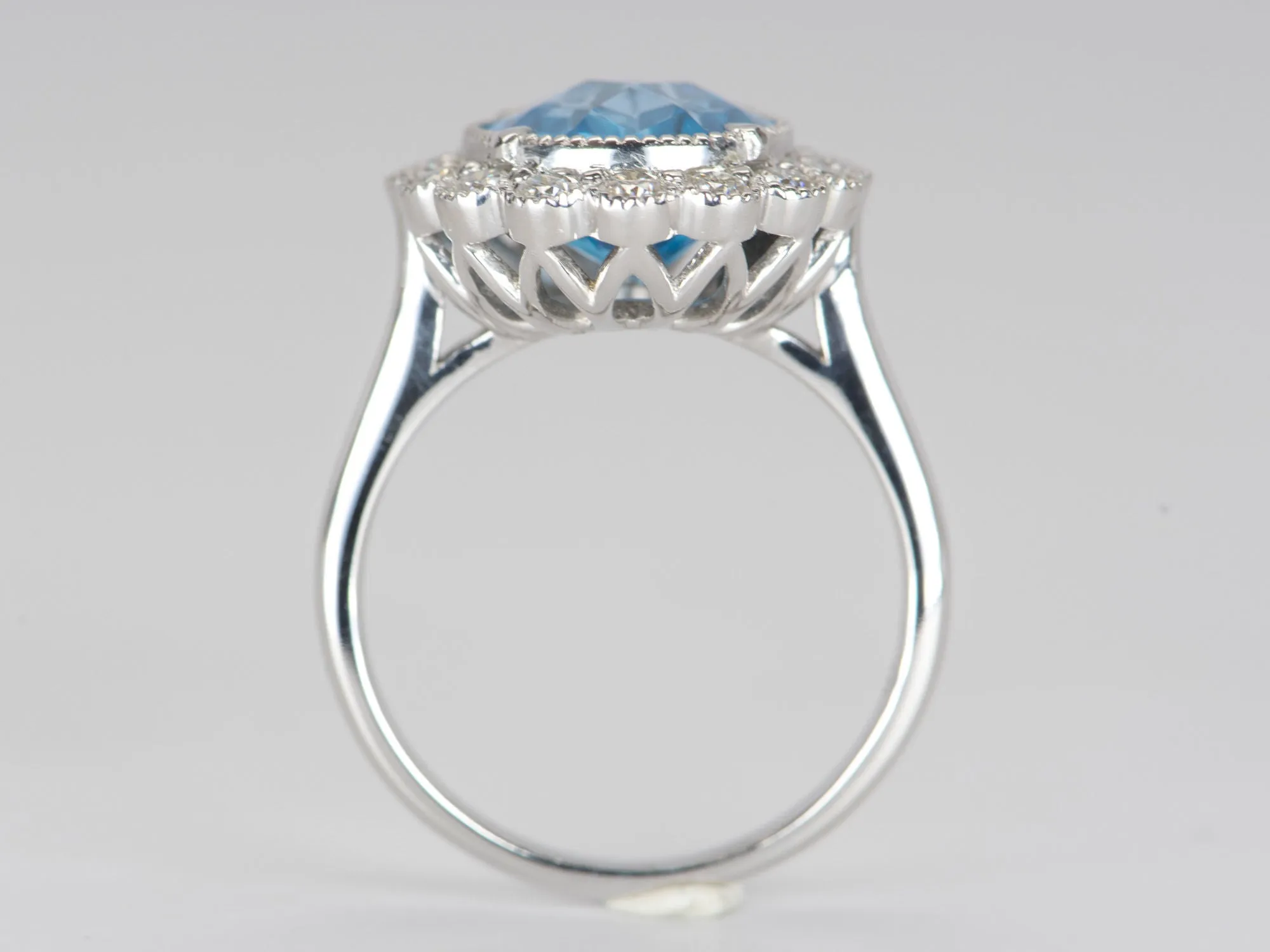 5.27ct Swiss Blue Topaz with Moissanite Halo 9K White Gold Statement Ring R6305