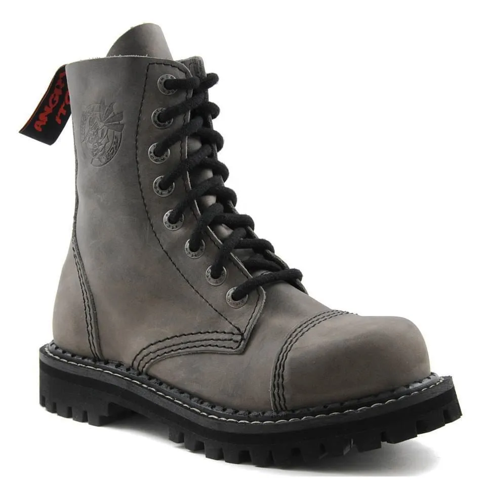 Angry Itch 8 Hole Punk Vintage Grey Leather Army Ranger Boot Light Sole