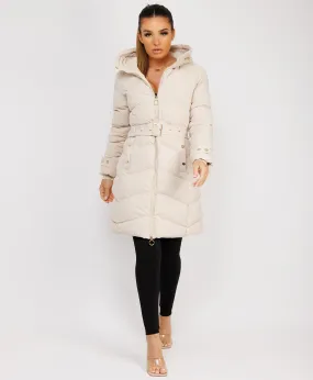 Beige Long Puffer Coat With Belt And Gold Button Detail