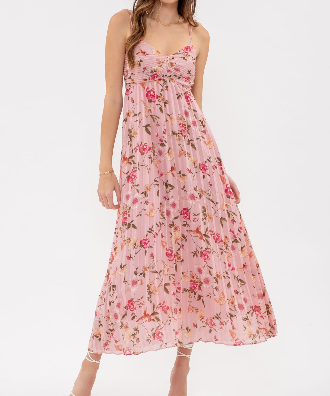 Bird and Floral Print Pleated Midi Dress - Pink Multi