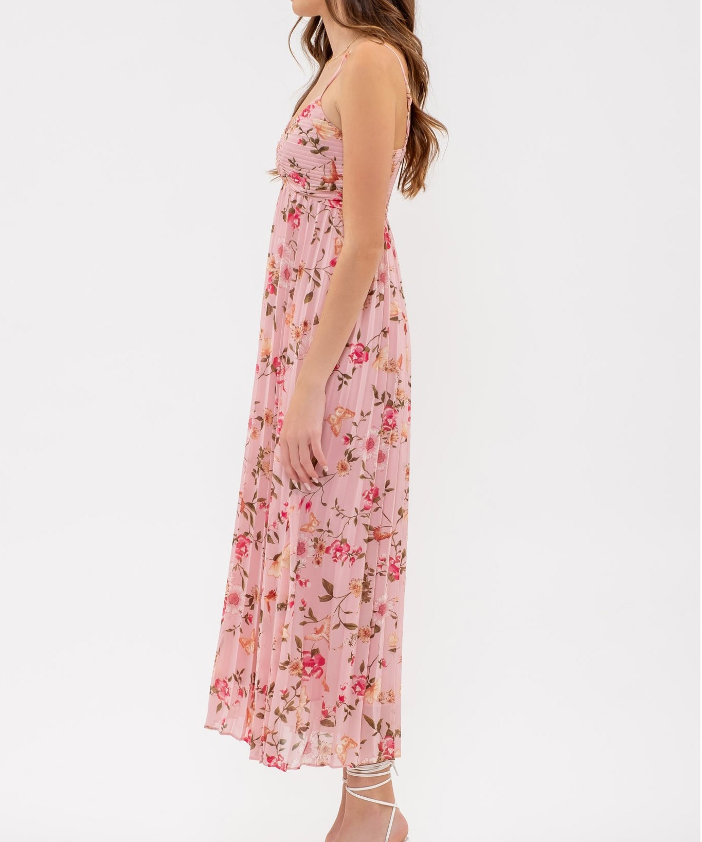 Bird and Floral Print Pleated Midi Dress - Pink Multi