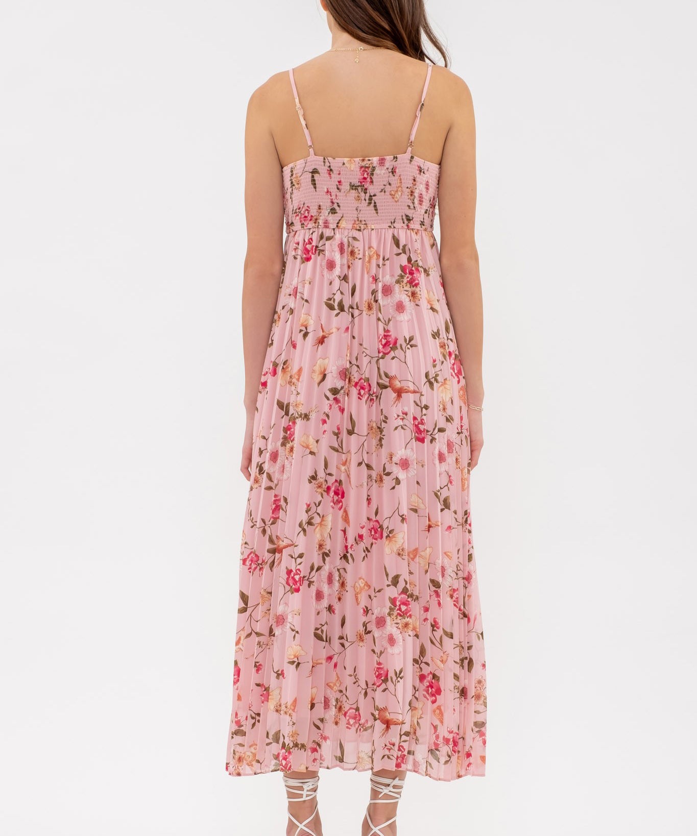 Bird and Floral Print Pleated Midi Dress - Pink Multi