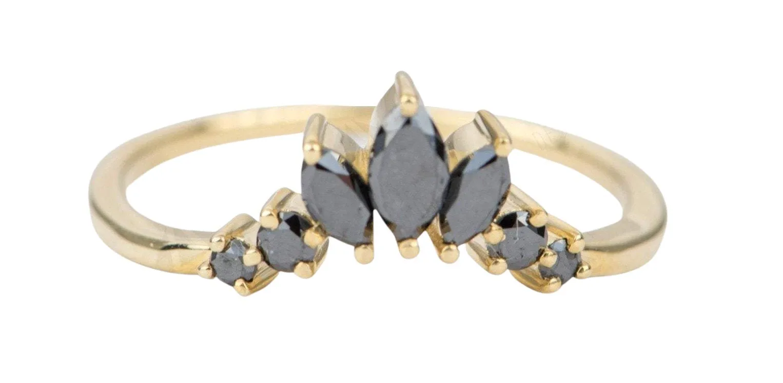 Black Diamond Wedding Band 14K Gold Unique Marquise Crown Sunburst Dark Gothic Contour Ring AD1927B