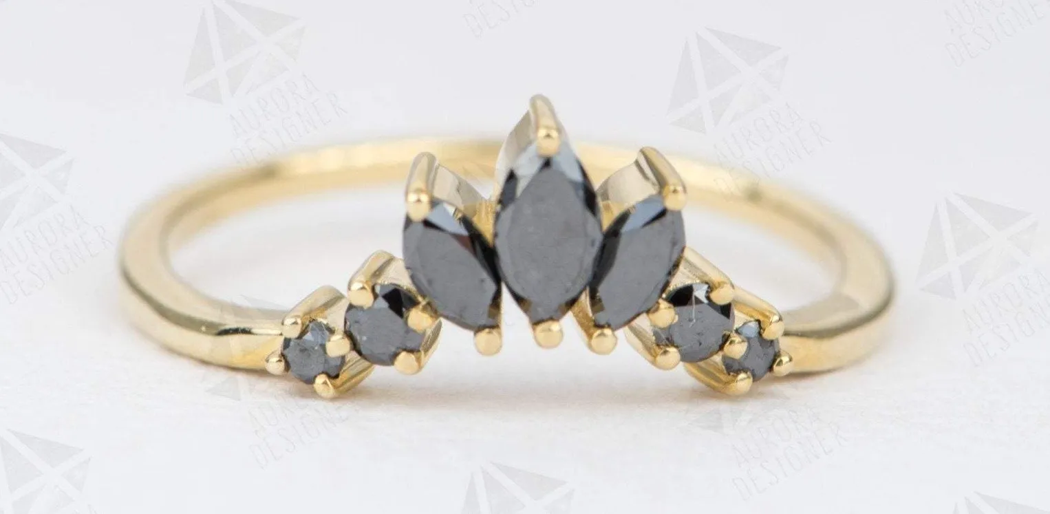 Black Diamond Wedding Band 14K Gold Unique Marquise Crown Sunburst Dark Gothic Contour Ring AD1927B