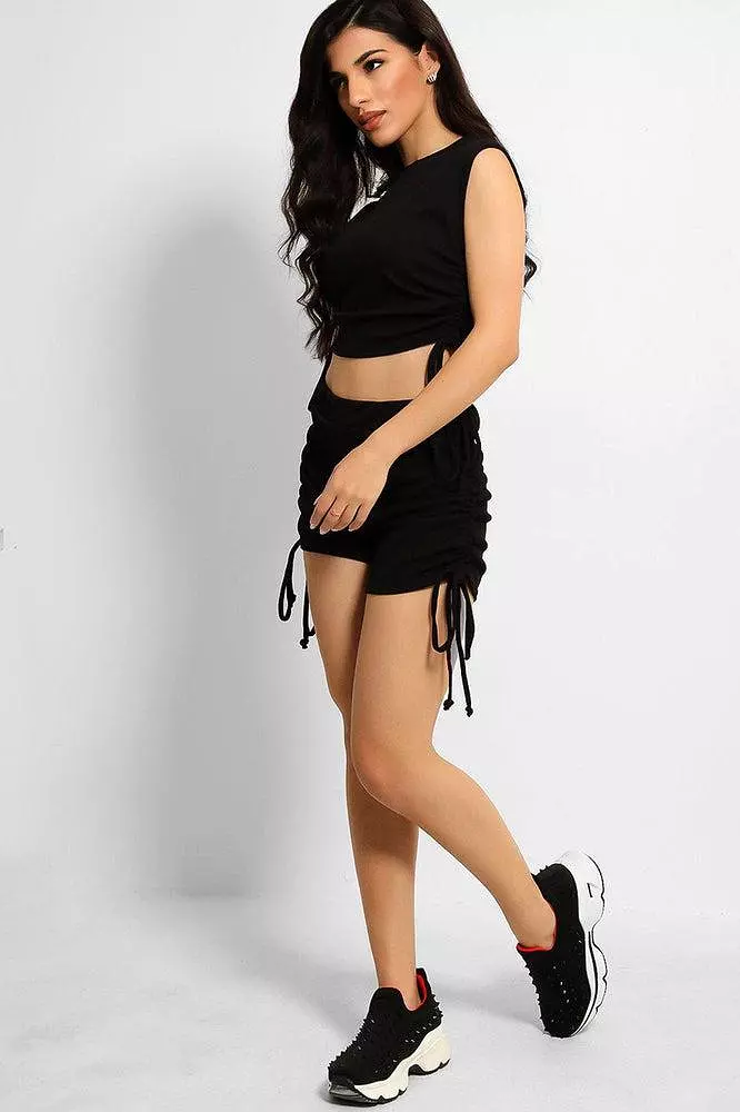 Black Ribbed Drawstring Ties Sleeveless Top And Shorts Set