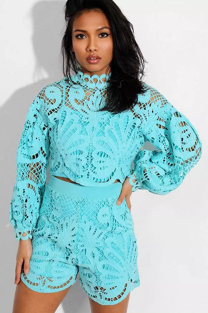 Blue Crochet Lace Overlay Balloon Sleeves Crop Top And Shorts Set