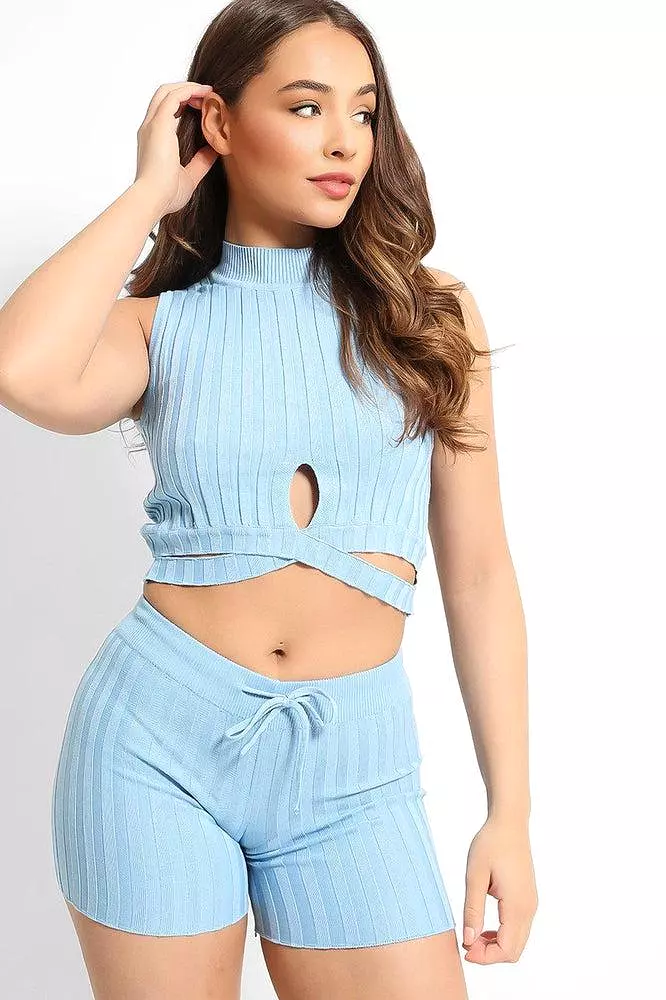 Blue Half Cross Wrap Knitted Crop Top And Shorts Lounge Set