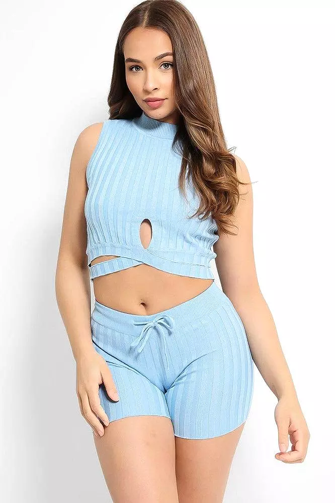 Blue Half Cross Wrap Knitted Crop Top And Shorts Lounge Set