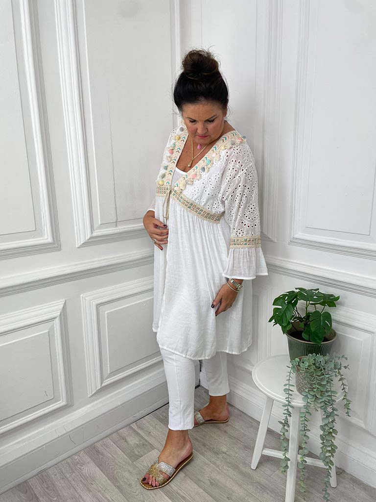 Broderie Anglaise Tassel Pom Pom Kimono - White