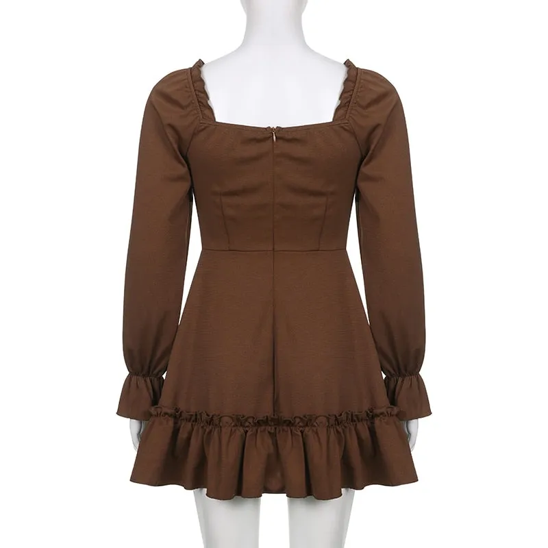 Casual Solid Ruffles A Line Korean Style Turn-Down Collar Puff Sleeve Mini Dresses For Women Autumn