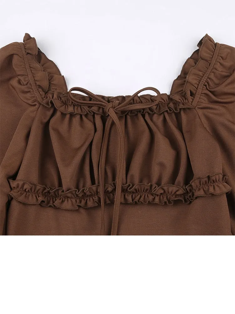 Casual Solid Ruffles A Line Korean Style Turn-Down Collar Puff Sleeve Mini Dresses For Women Autumn