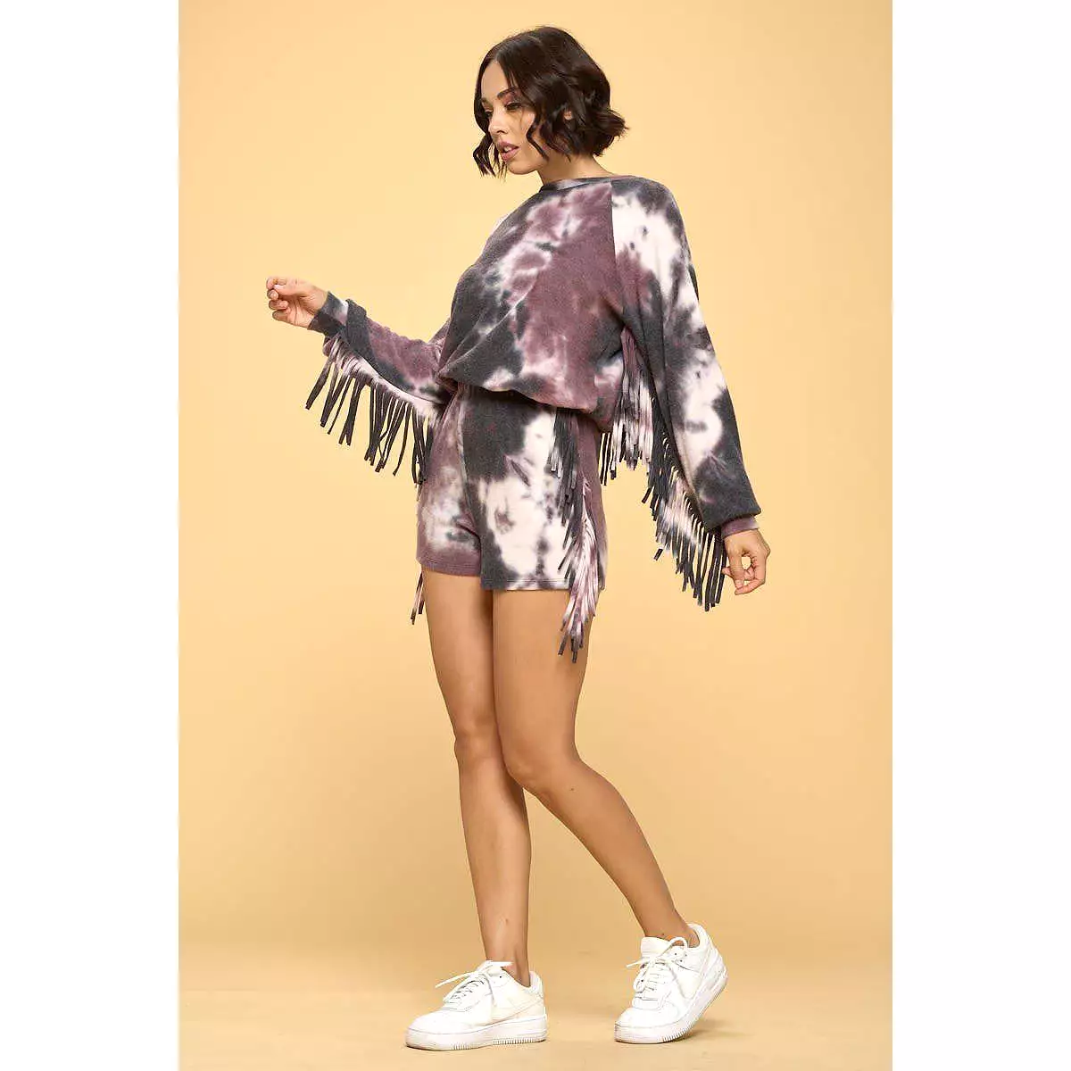 Casual Tie Die Print Top And Shorts Set