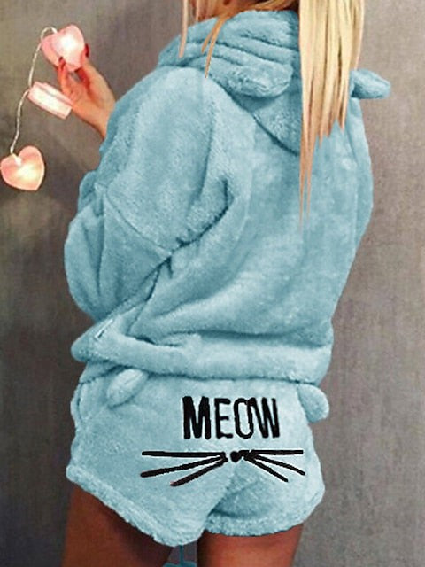 Cat Lover's Cozy Fleece Loungewear Set with Hoodie and Shorts