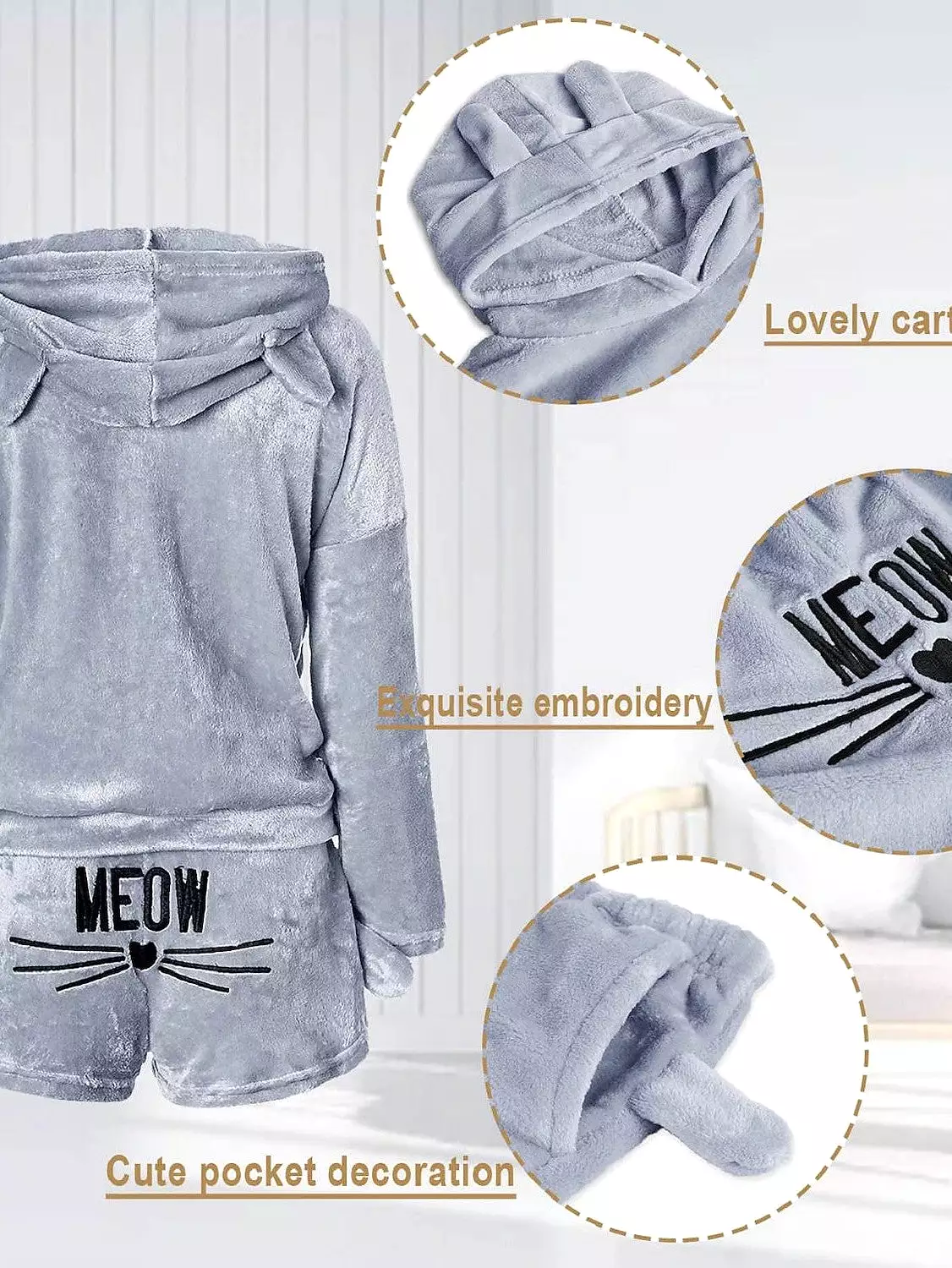 Cat Lover's Cozy Fleece Loungewear Set with Hoodie and Shorts