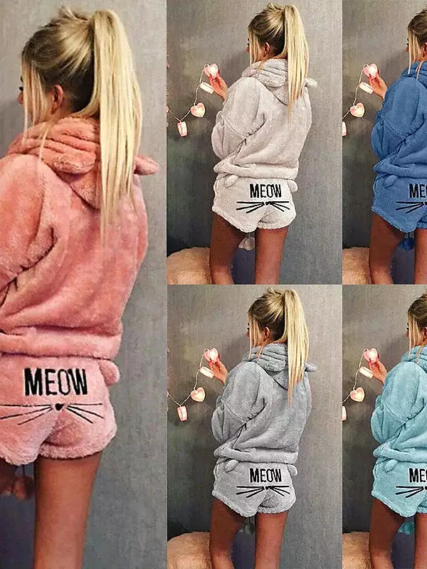 Cat Lover's Cozy Fleece Loungewear Set with Hoodie and Shorts