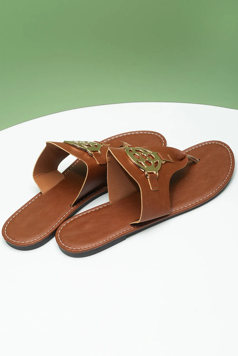 Chestnut Metal Décor Leather Thong Slippers