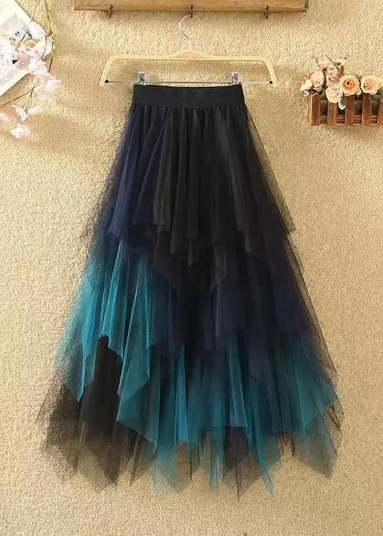 Chic Blue Asymmetrical Elastic Waist Patchwork Tulle Skirts Summer AS1087