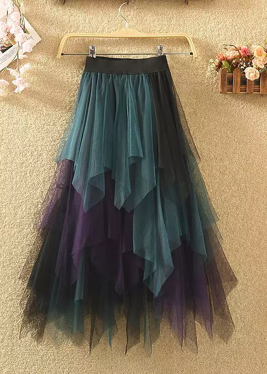 Chic Blue Asymmetrical Elastic Waist Patchwork Tulle Skirts Summer AS1087