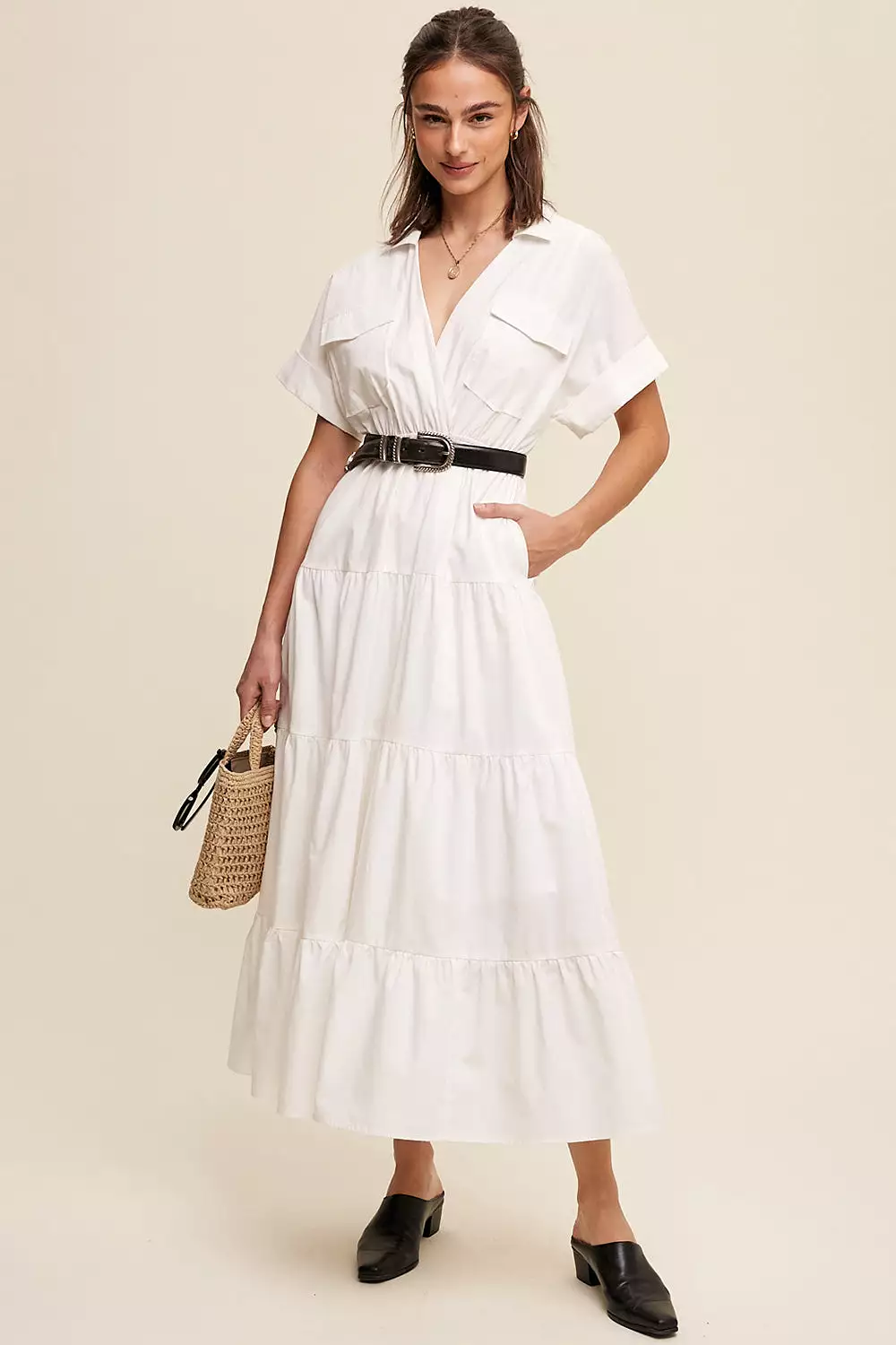 Collared Surplice Neckline Poplin Maxi Dress