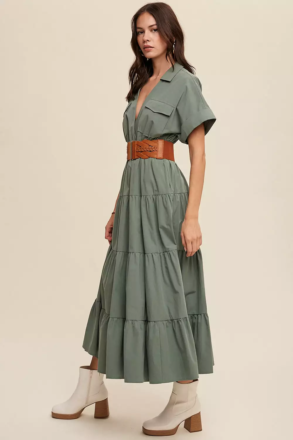 Collared Surplice Neckline Poplin Maxi Dress