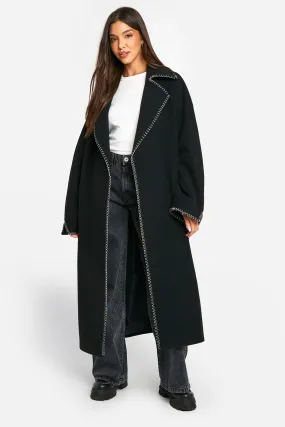 Contrast Stitch Belted Wool Look Coat