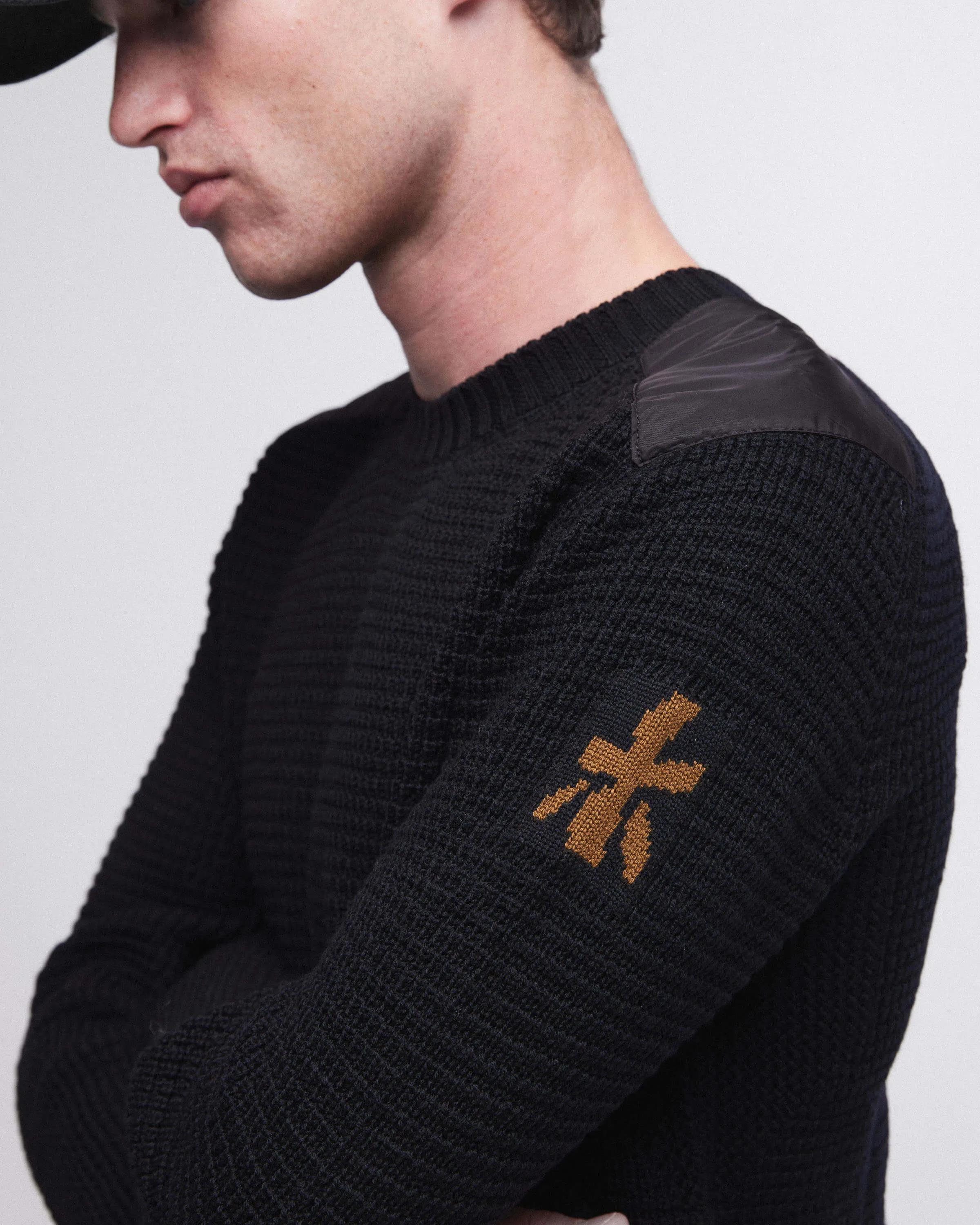 Crewneck Wool Sweater with Nylon Details Black PMG07100