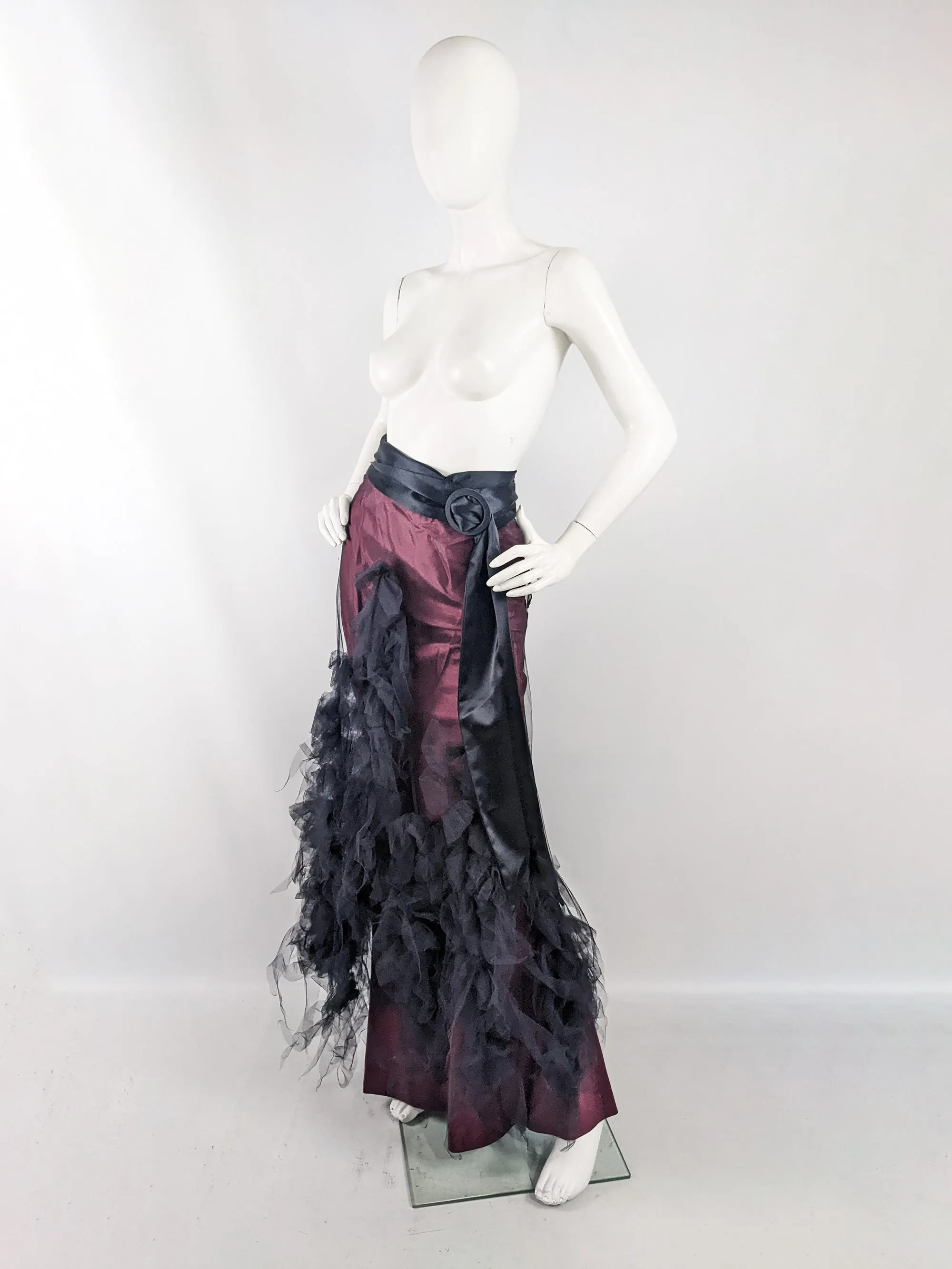 David Fielden Vintage Red Taffeta & Black Tulle Gothic Skirt, 1980s