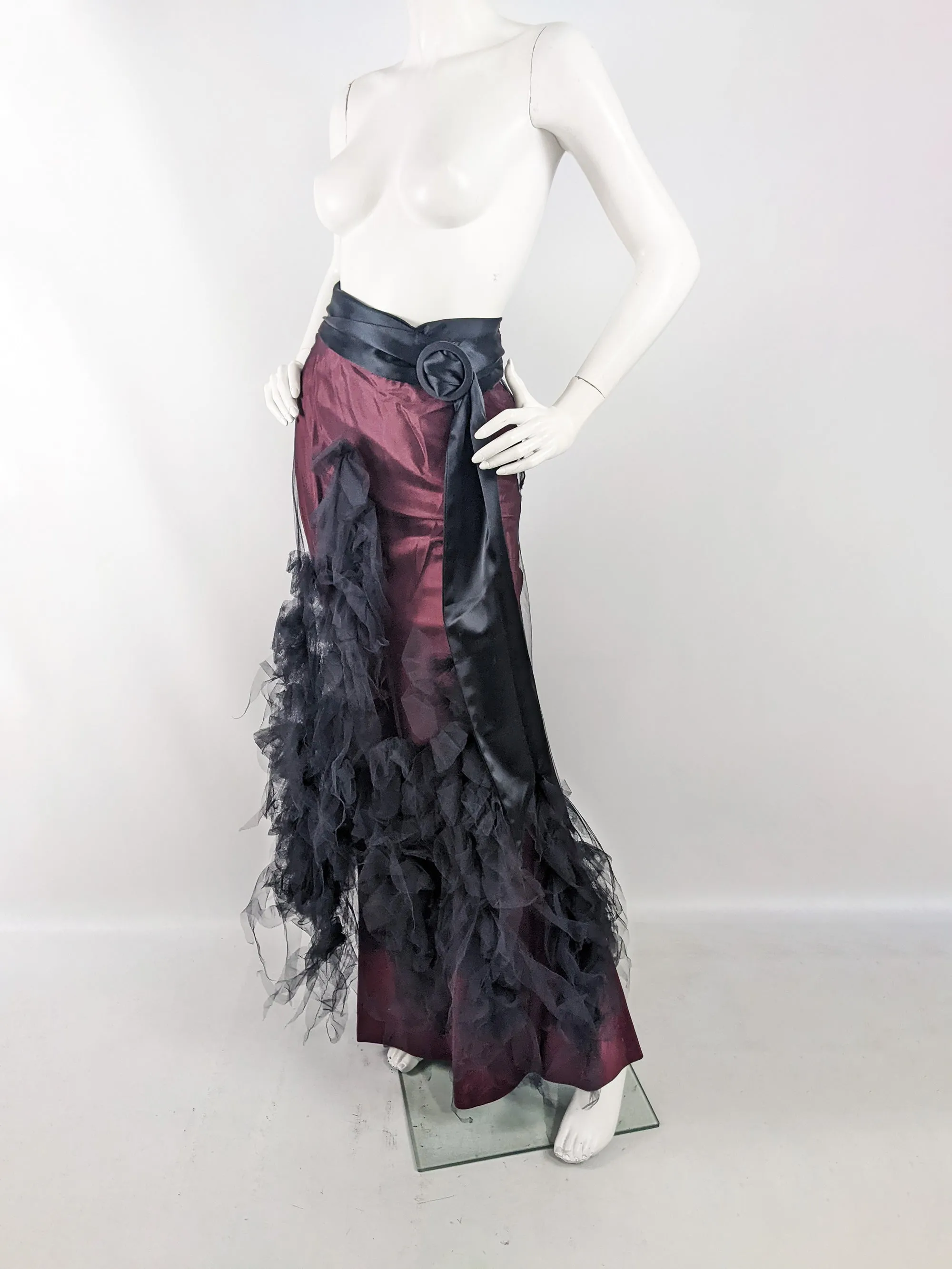 David Fielden Vintage Red Taffeta & Black Tulle Gothic Skirt, 1980s