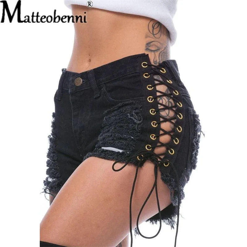 Denim Short Jeans Ripped Hole Solid Lace Up Casual Pocket Shorts