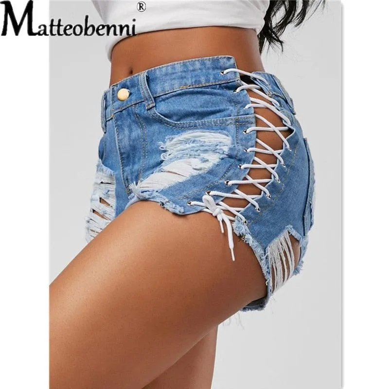 Denim Short Jeans Ripped Hole Solid Lace Up Casual Pocket Shorts