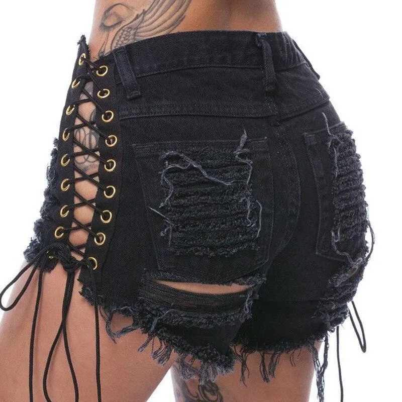 Denim Short Jeans Ripped Hole Solid Lace Up Casual Pocket Shorts