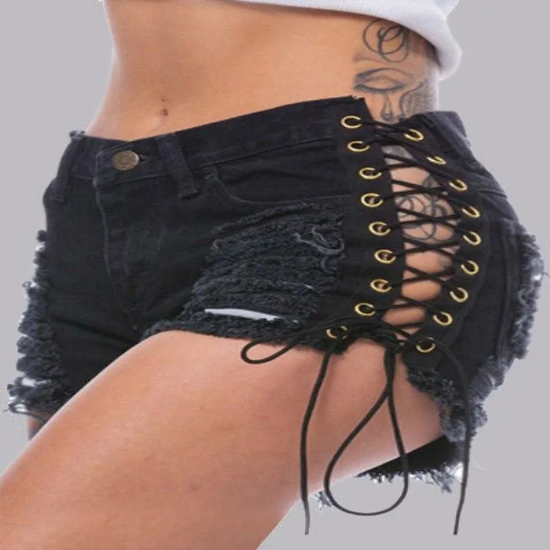 Denim Short Jeans Ripped Hole Solid Lace Up Casual Pocket Shorts