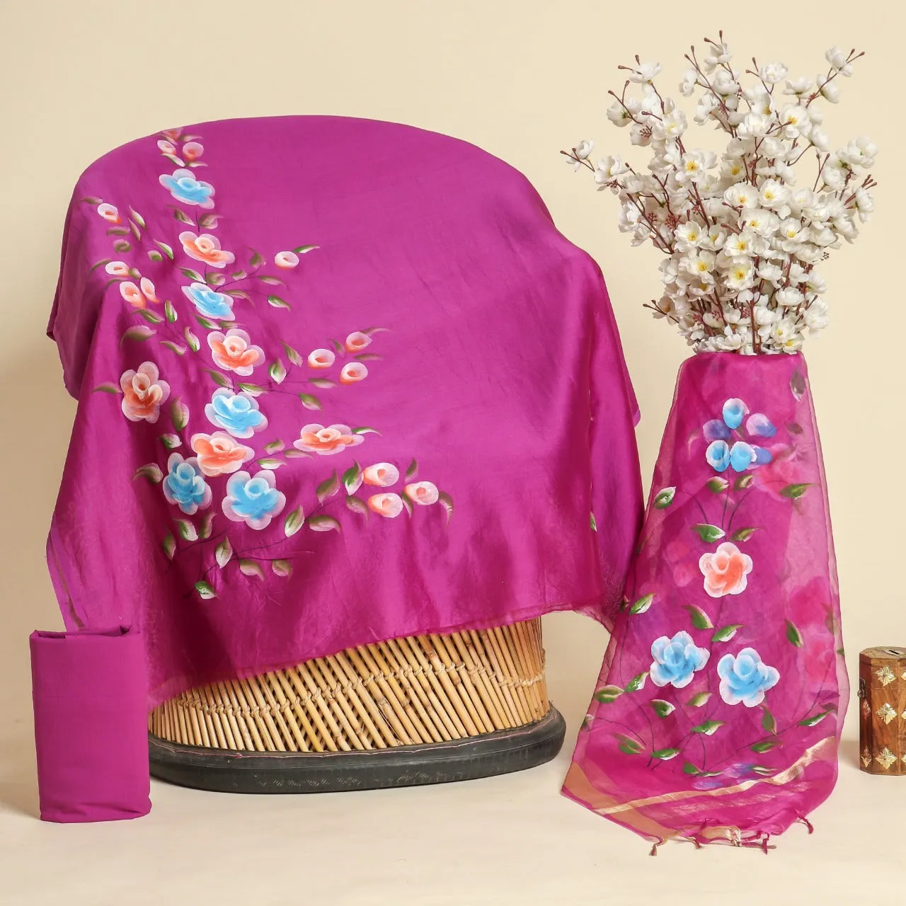 Designer Hand Painted Chanderi Silk Suit Set with Organza Dupatta (CHA264)