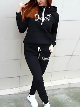 Elegant Women's Round Neck Hoodie Tracksuit Pants Set for Fall & Winter