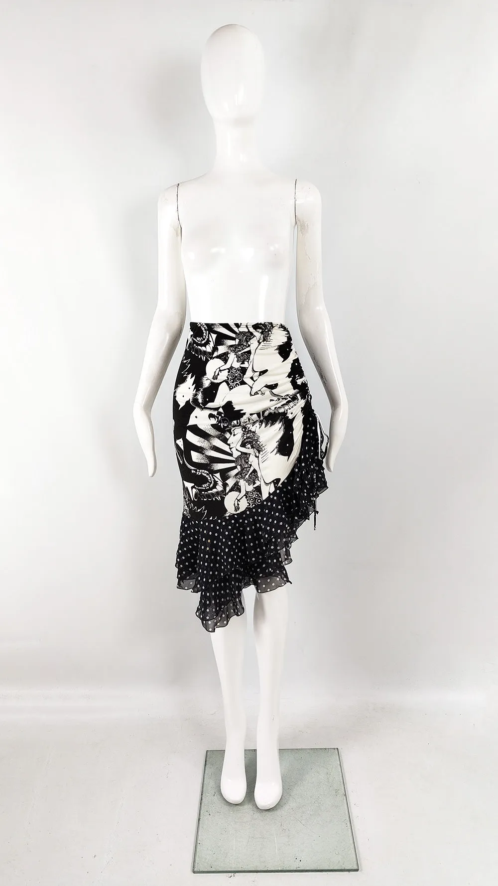 Emanuel Ungaro Vintage Graphic Ruched Skirt with Polka Dot Chiffon