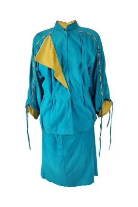 Enrico Coveri Vintage Turquoise Real Suede Skirt Suit, 1980s