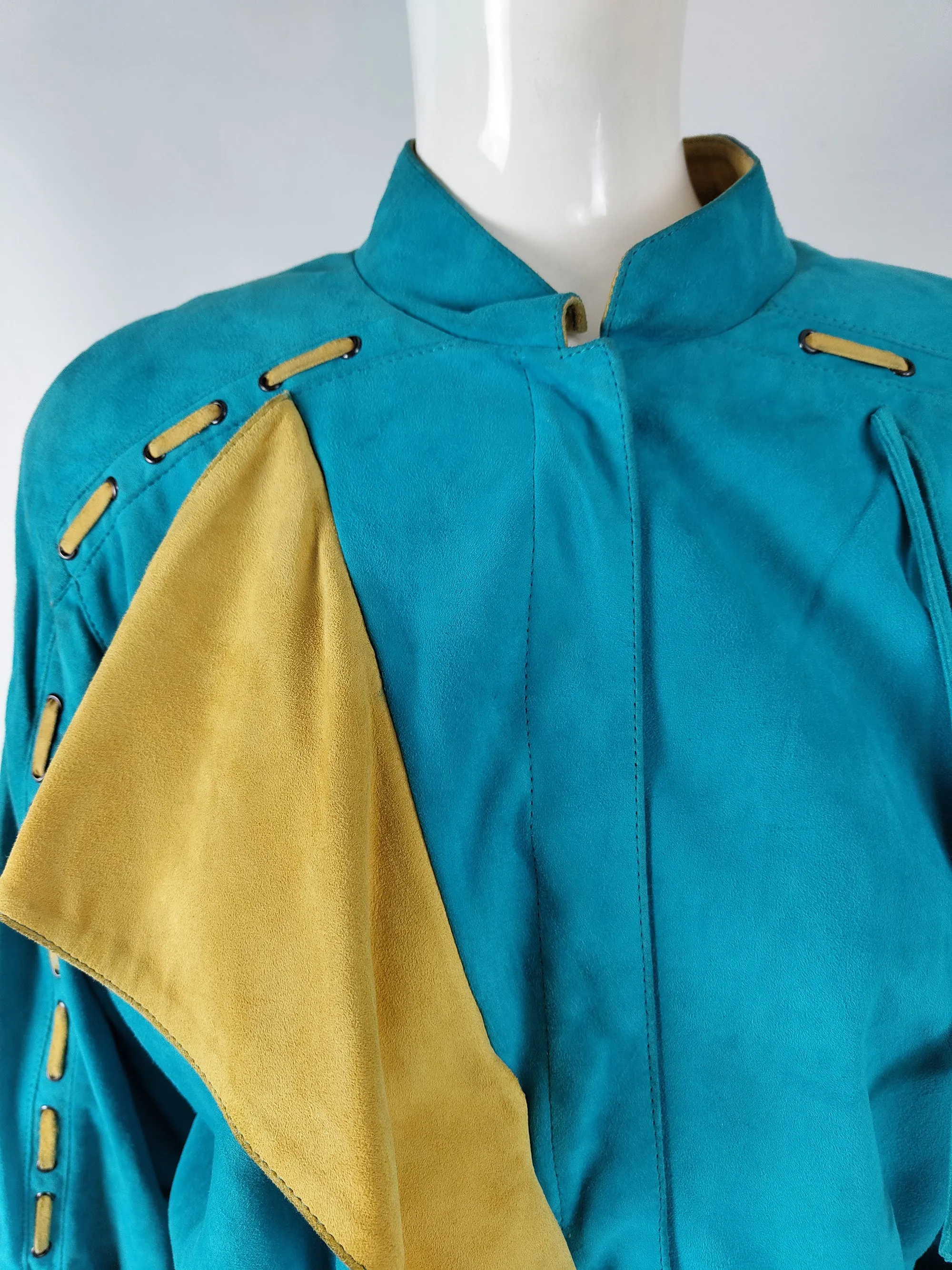 Enrico Coveri Vintage Turquoise Real Suede Skirt Suit, 1980s