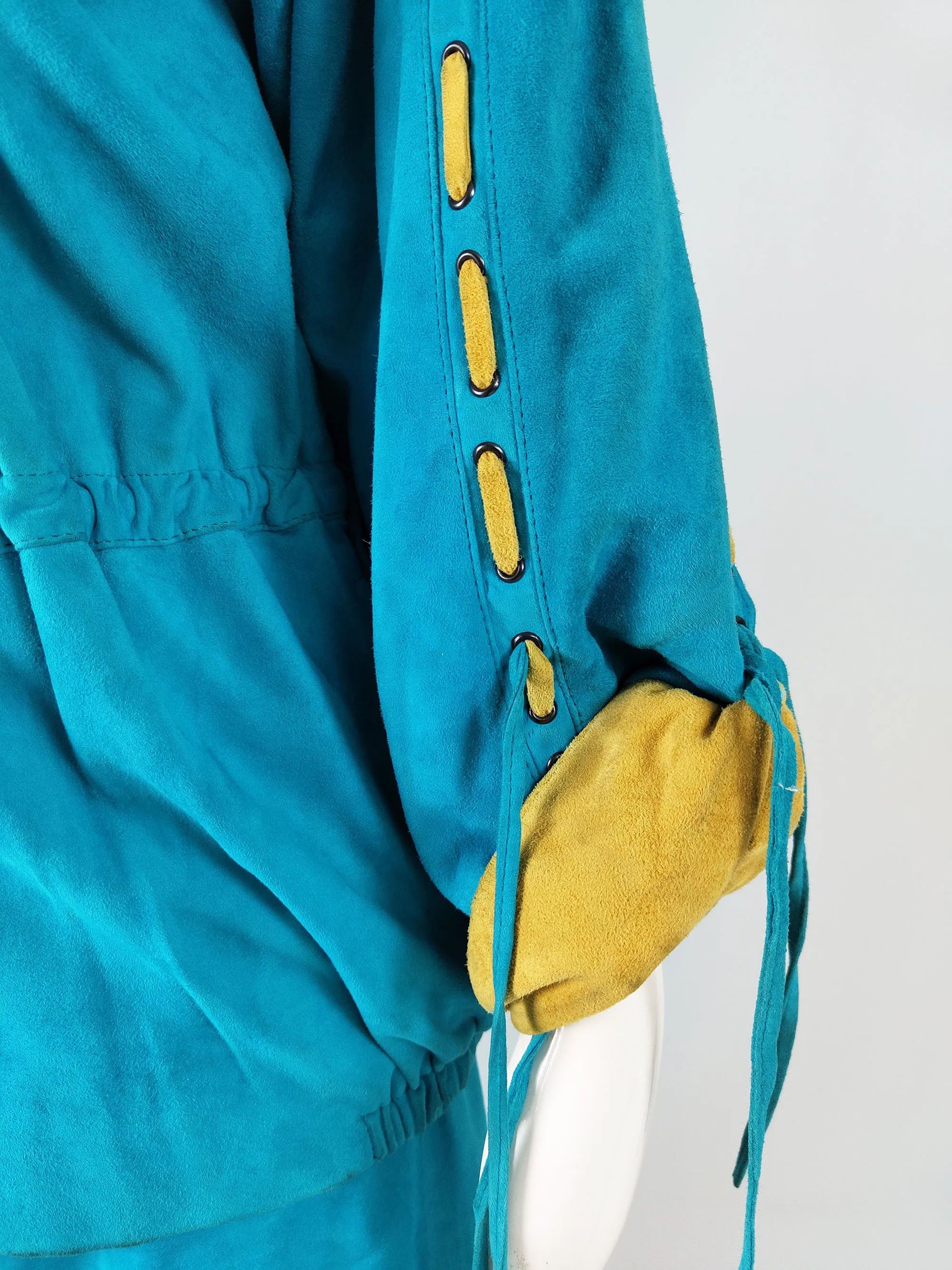 Enrico Coveri Vintage Turquoise Real Suede Skirt Suit, 1980s