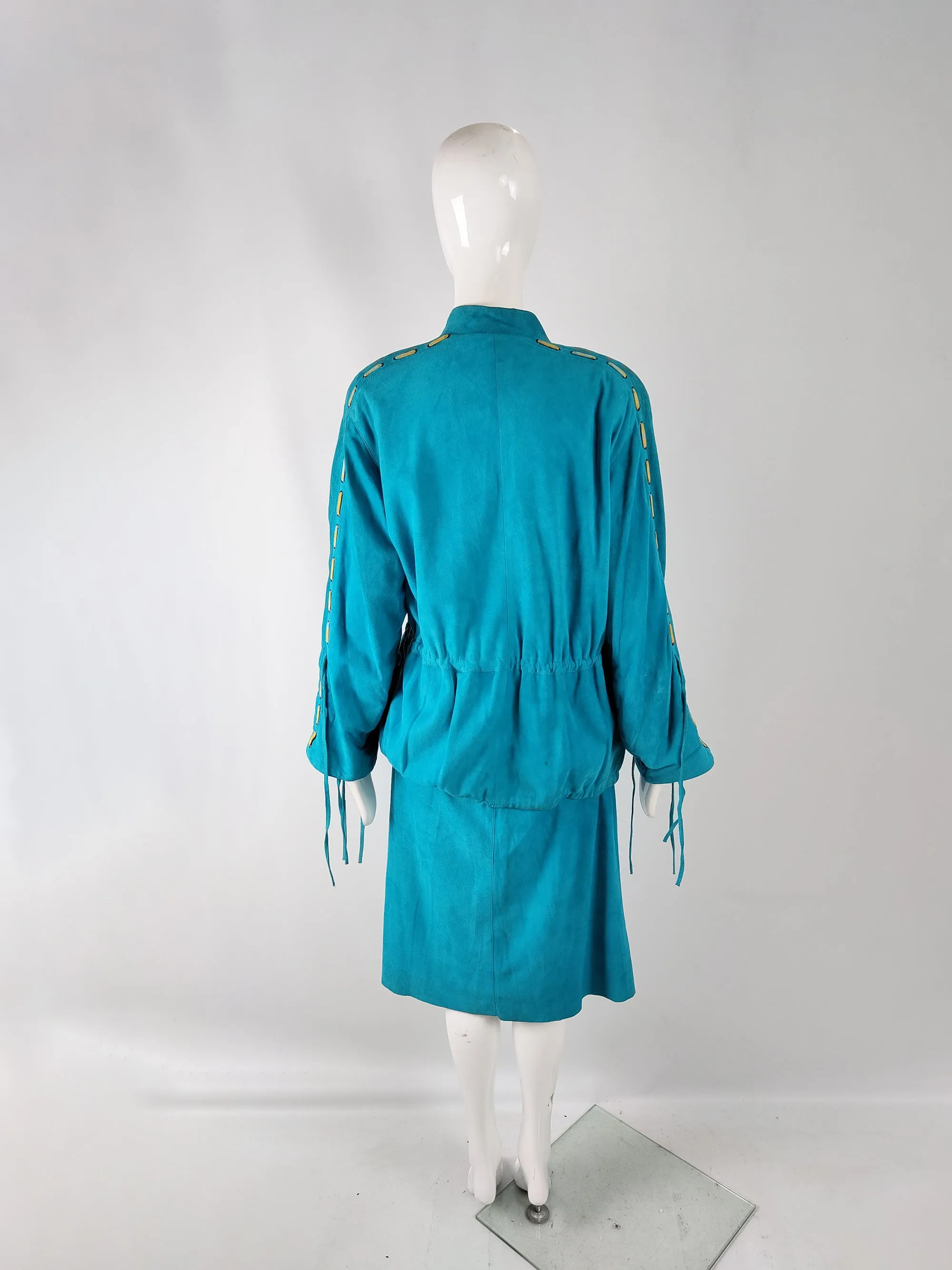 Enrico Coveri Vintage Turquoise Real Suede Skirt Suit, 1980s