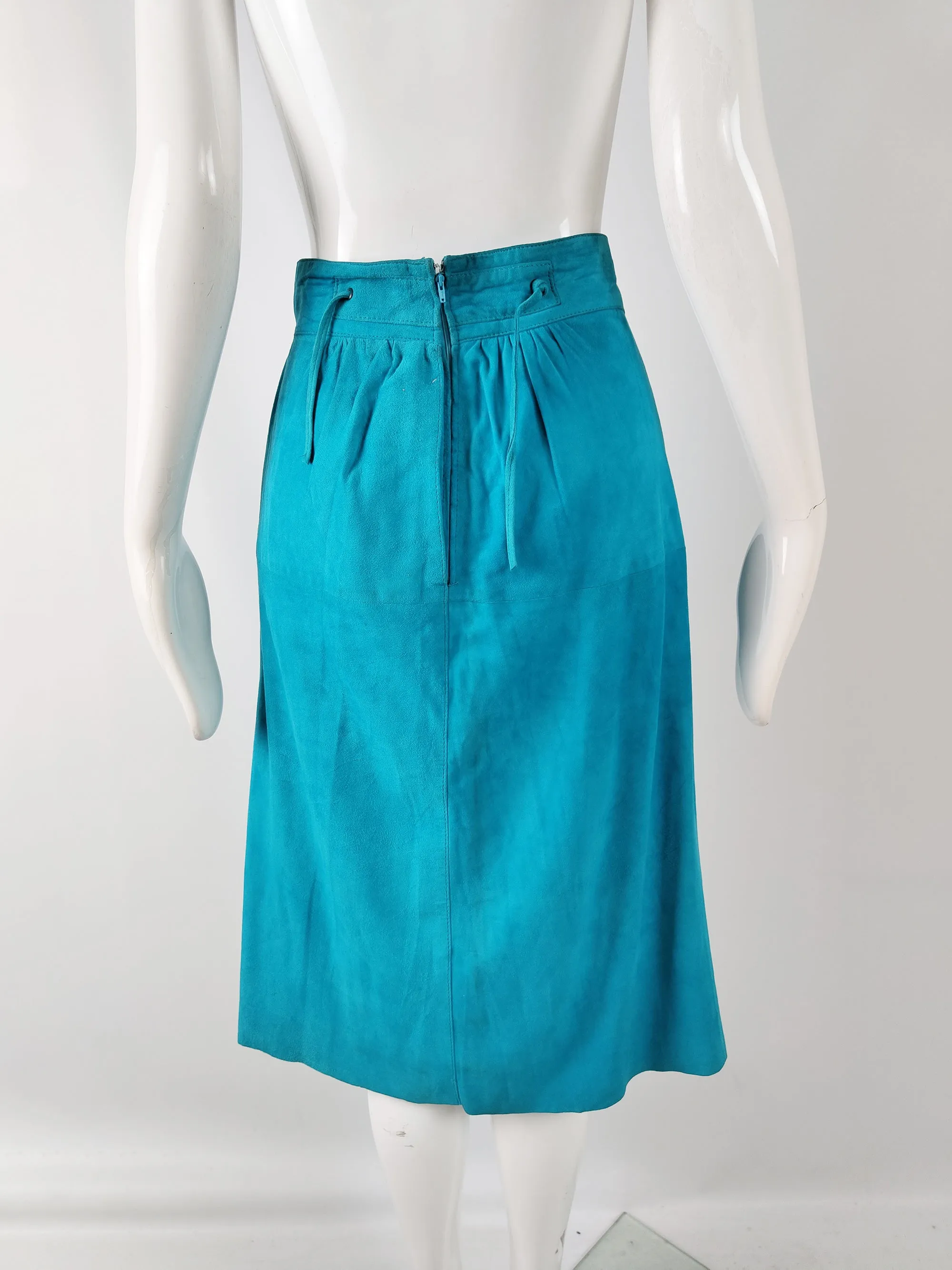 Enrico Coveri Vintage Turquoise Real Suede Skirt Suit, 1980s