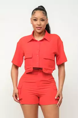 Front Button Down Side Pockets Top And Shorts Set