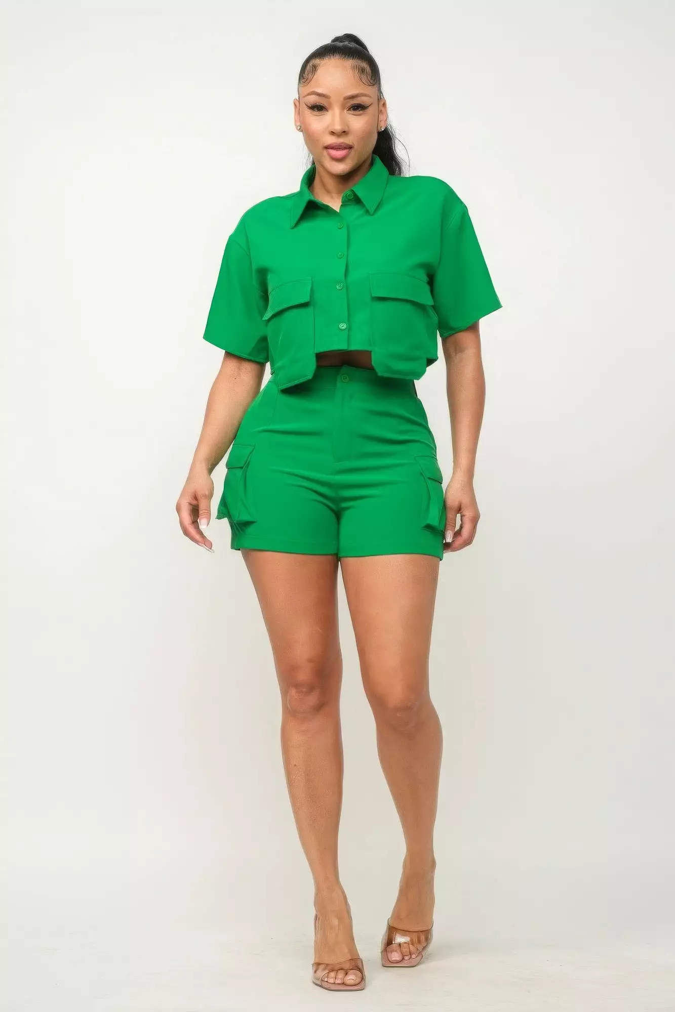 Front Button Down Side Pockets Top And Shorts Set