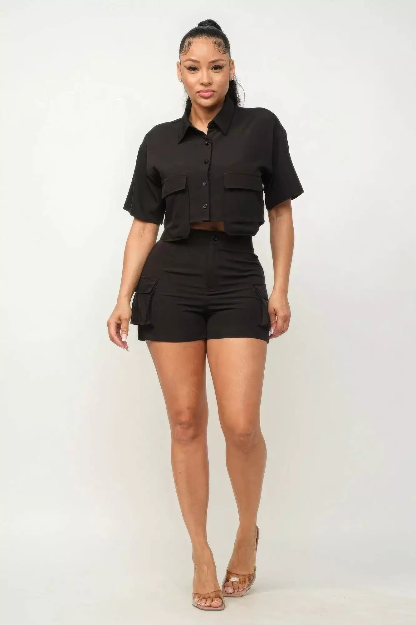 Front Button Down Side Pockets Top And Shorts Set