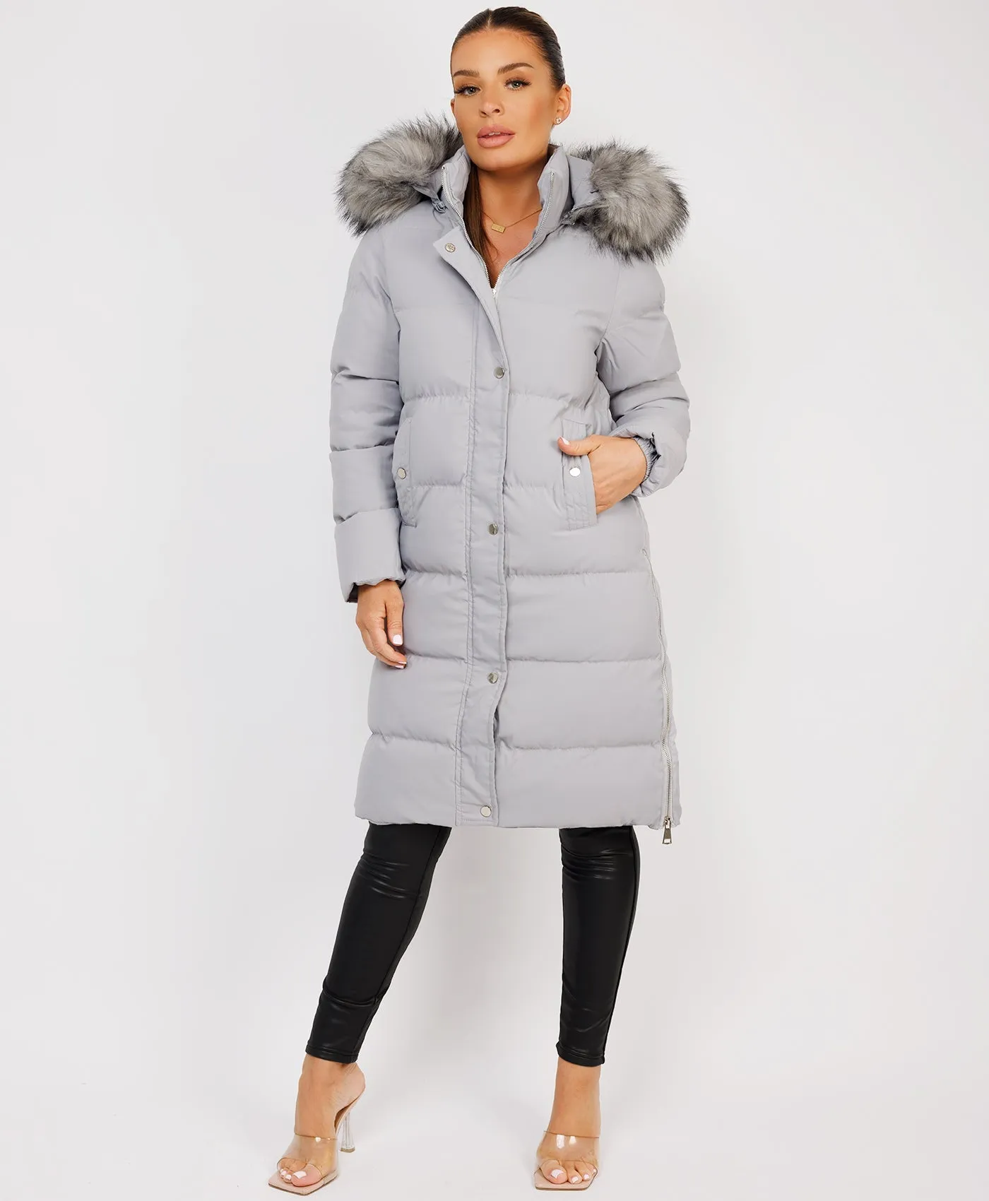 Grey Maxi Faux Fur Hood Padded Puffer Jacket