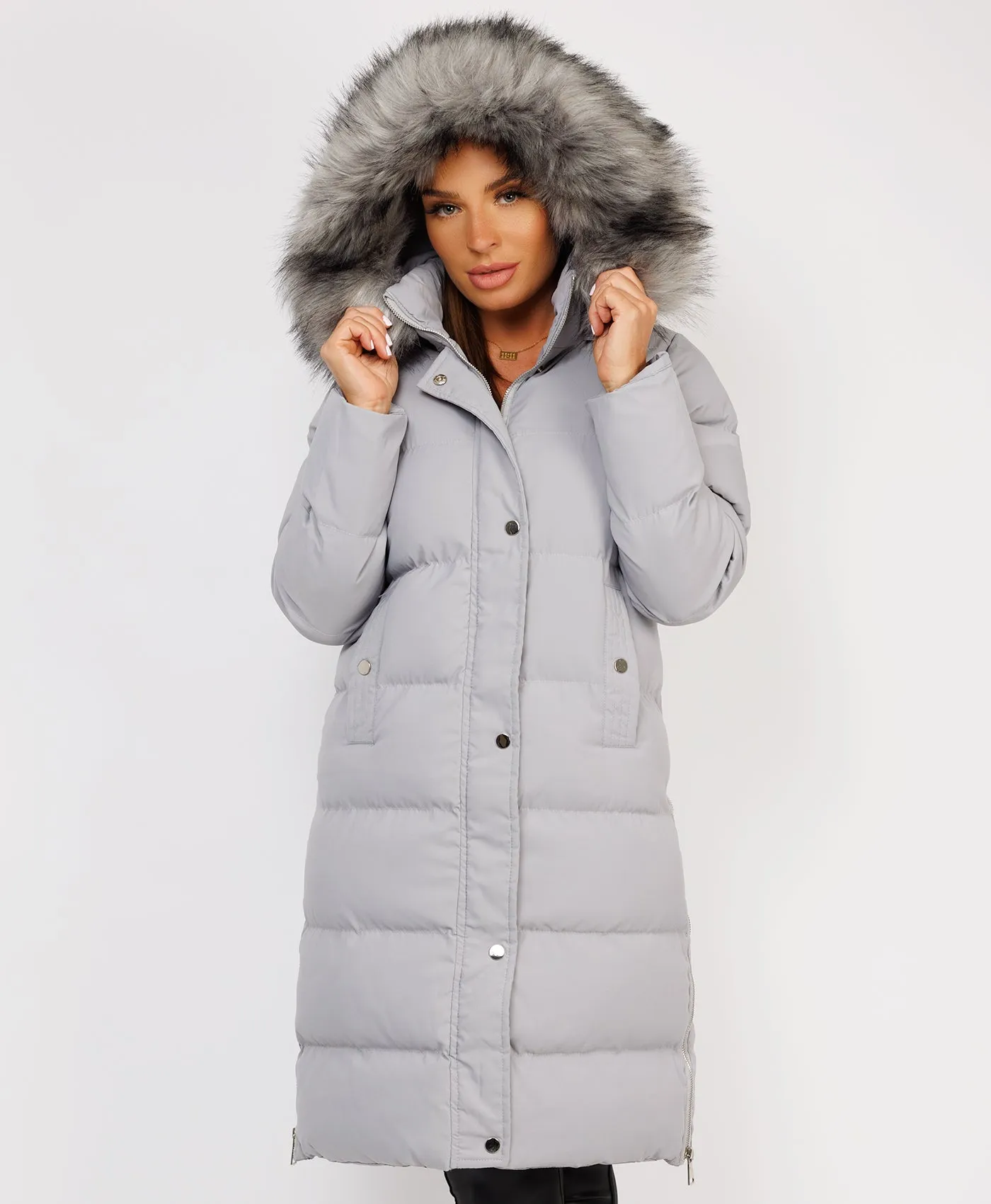 Grey Maxi Faux Fur Hood Padded Puffer Jacket