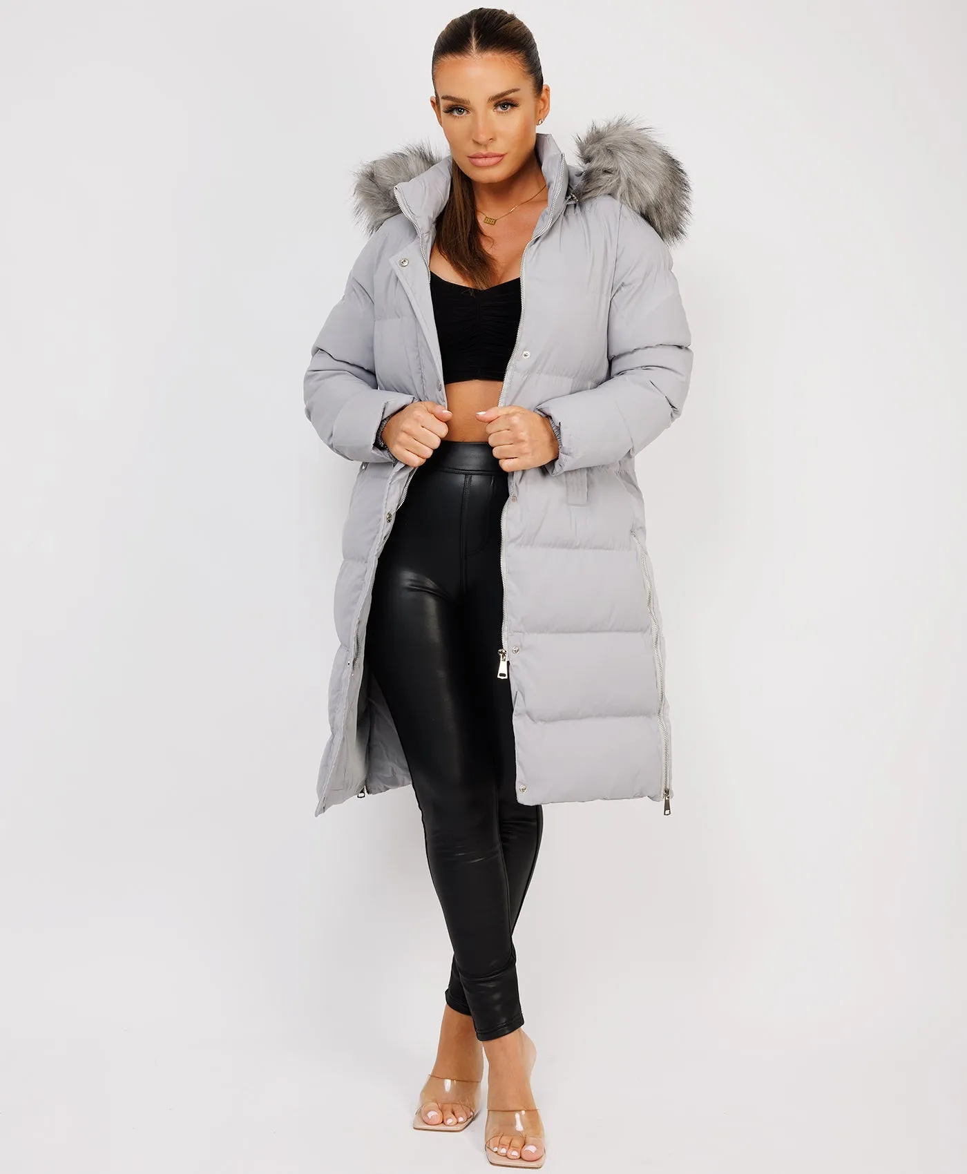 Grey Maxi Faux Fur Hood Padded Puffer Jacket