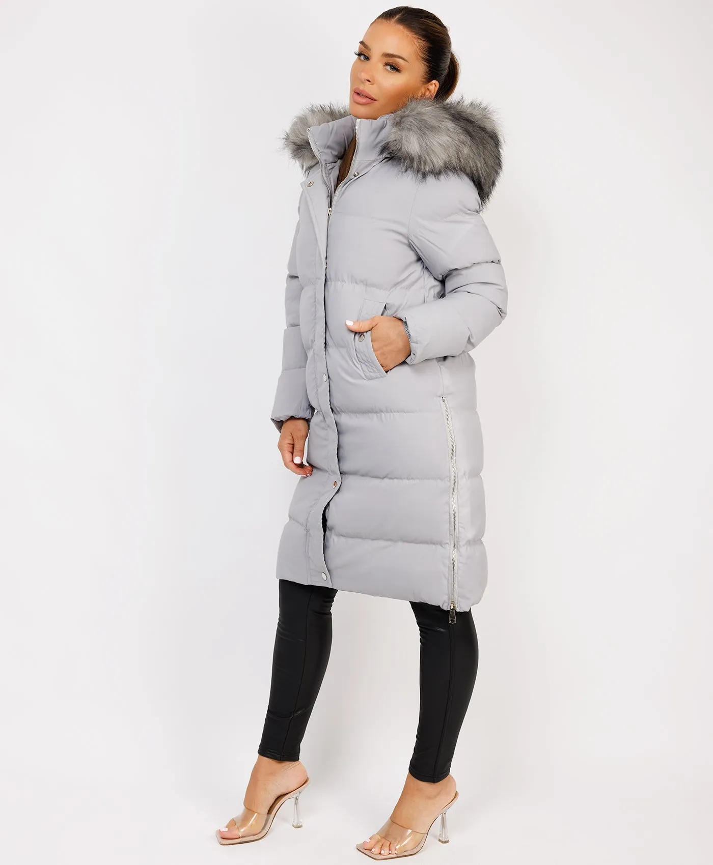 Grey Maxi Faux Fur Hood Padded Puffer Jacket